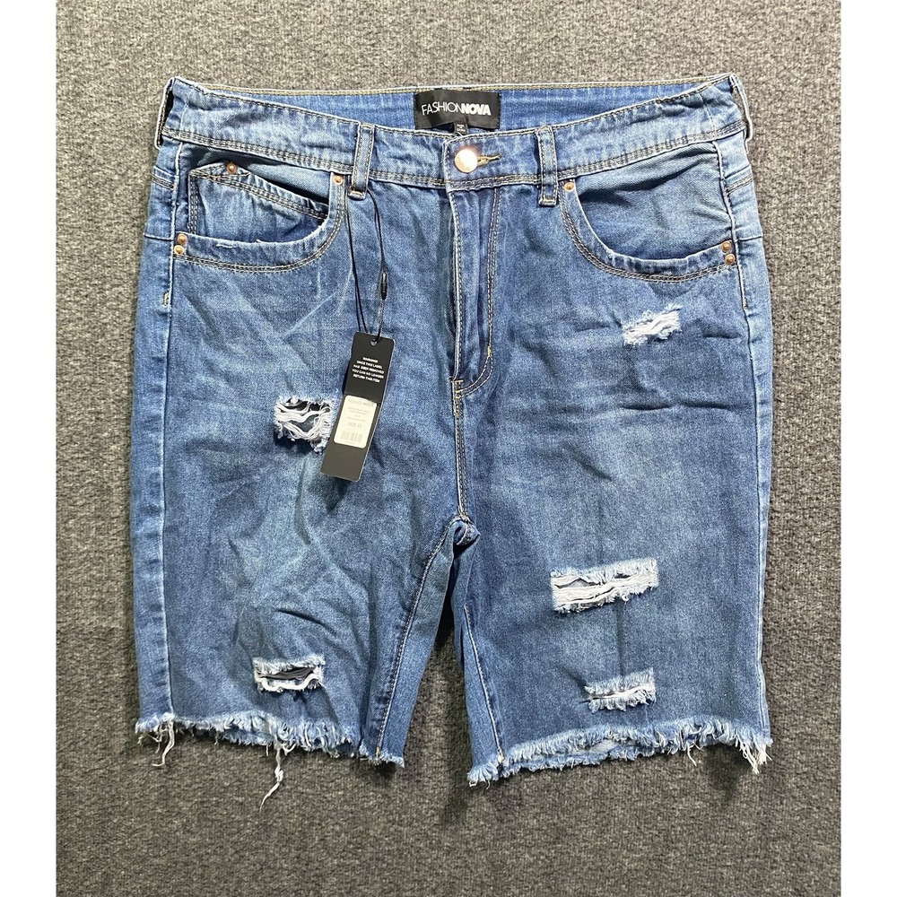 Fashion Nova Corinna Booty Lifting Distressed Denim Bermuda Shorts Blue Size 13
